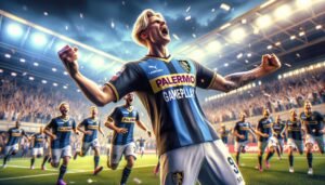 Joel Pohjanpalo juhlii maalia Palermon kotiottelussa Empolia vastaan, jossa hän iski kaksi maalia ja nousi Serie B:n maalipörssin kärkeen.