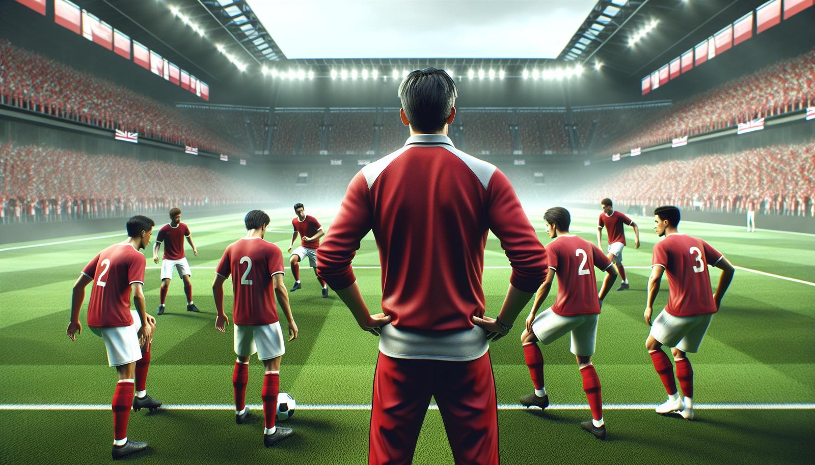 Arsenal joukkueen pelaajat kokoontuvat kentällä Mikel Artetan johdolla, valmistautuen Valioliigan otteluun.