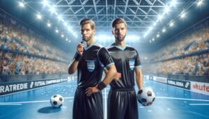 Suomalaiset futsalerotuomarit Arttu Kyynäräinen ja Paavo Komppa futsalin Mestareiden liigan puolivälieräottelussa