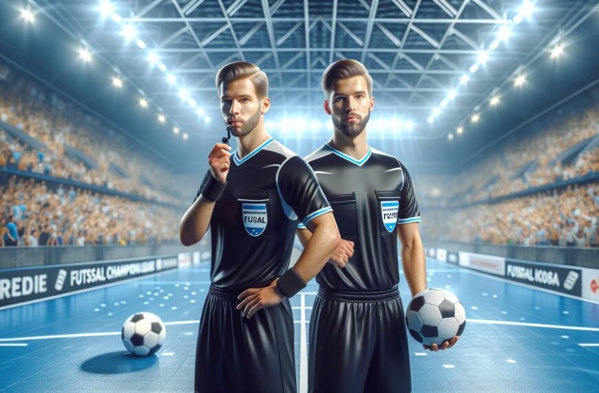 Suomalaiset futsalerotuomarit Arttu Kyynäräinen ja Paavo Komppa futsalin Mestareiden liigan puolivälieräottelussa