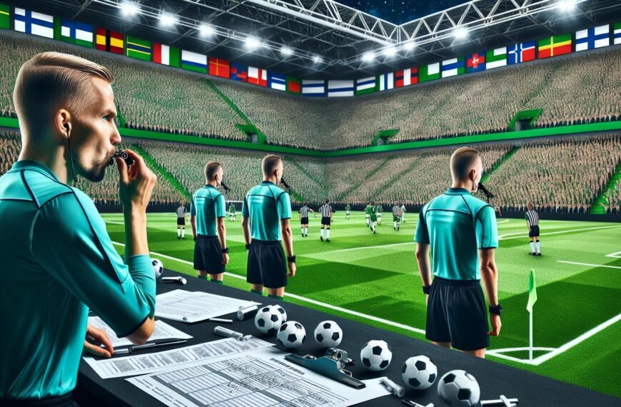 Suomalaiset erotuomarit Mohammad Al-Emara, Turkka Valjakka, Mika Lamppu ja Peiman Simani valmiina viheltämään Eurooppa-liigan Celtic–Utrecht-ottelussa Celtic Parkilla, Skotlannissa.