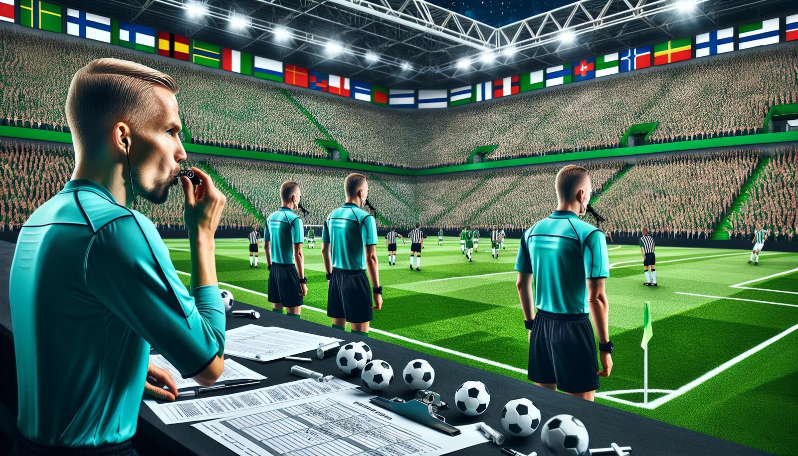 Suomalaiset erotuomarit Mohammad Al-Emara, Turkka Valjakka, Mika Lamppu ja Peiman Simani valmiina viheltämään Eurooppa-liigan Celtic–Utrecht-ottelussa Celtic Parkilla, Skotlannissa.