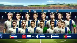 Suomen U17-maajoukkue Minihuuhkajat valmiina kohtaamaan Portugalin kansainvälisessä jalkapalloturnauksessa.