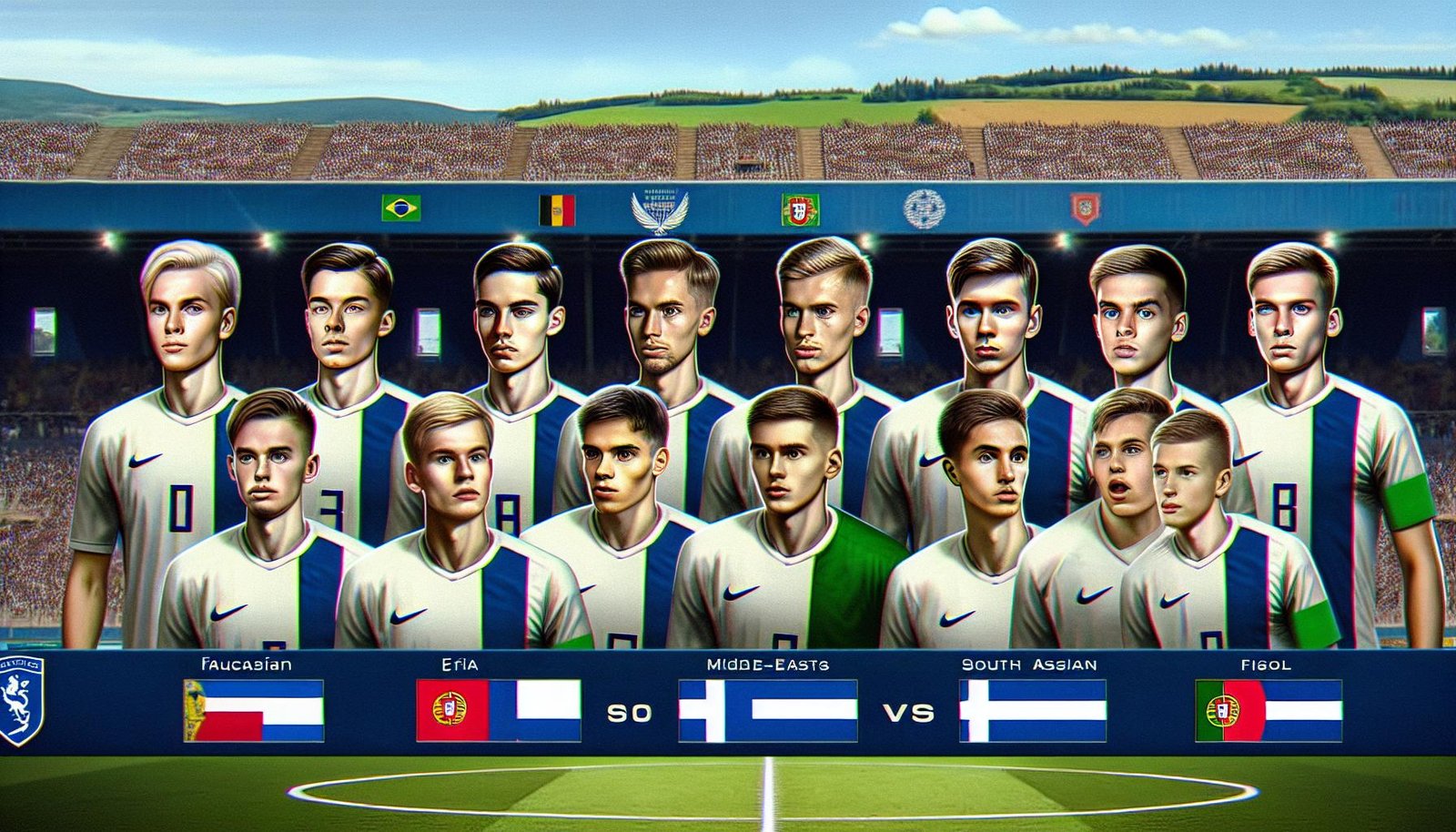 Suomen U17-maajoukkue Minihuuhkajat valmiina kohtaamaan Portugalin kansainvälisessä jalkapalloturnauksessa.