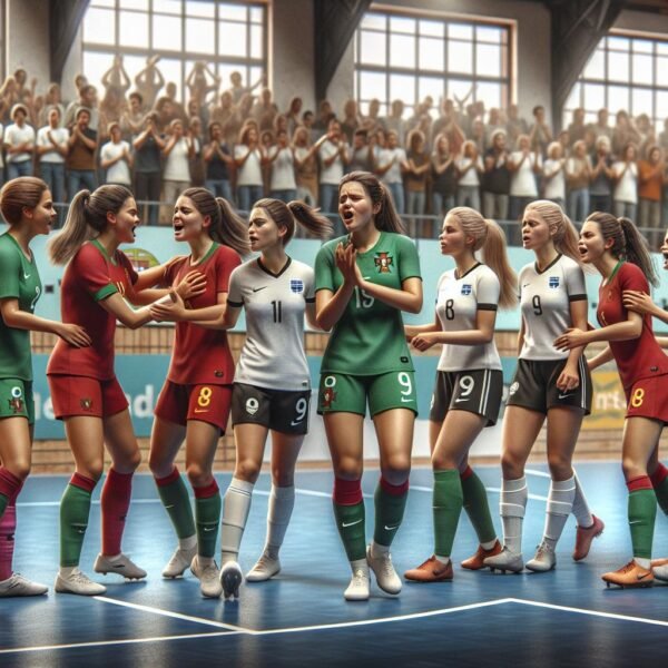 U19-tyttöjen futsalmaajoukkue pelaa intensiivistä ottelua Portugalia vastaan kansainvälisessä tuplamaaottelussa.