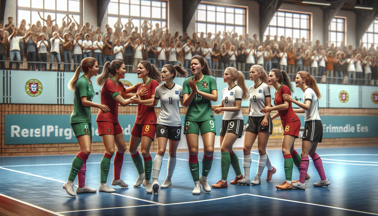 U19-tyttöjen futsalmaajoukkue pelaa intensiivistä ottelua Portugalia vastaan kansainvälisessä tuplamaaottelussa.