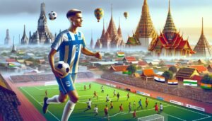 Joni Kauko pelaamassa jalkapalloa Mumbai City FC:n peliasussa, taustalla intialainen stadioni.