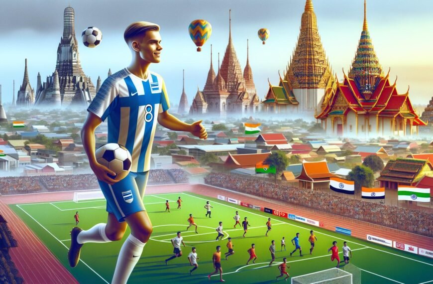 Joni Kauko pelaamassa jalkapalloa Mumbai City FC:n peliasussa, taustalla intialainen stadioni.