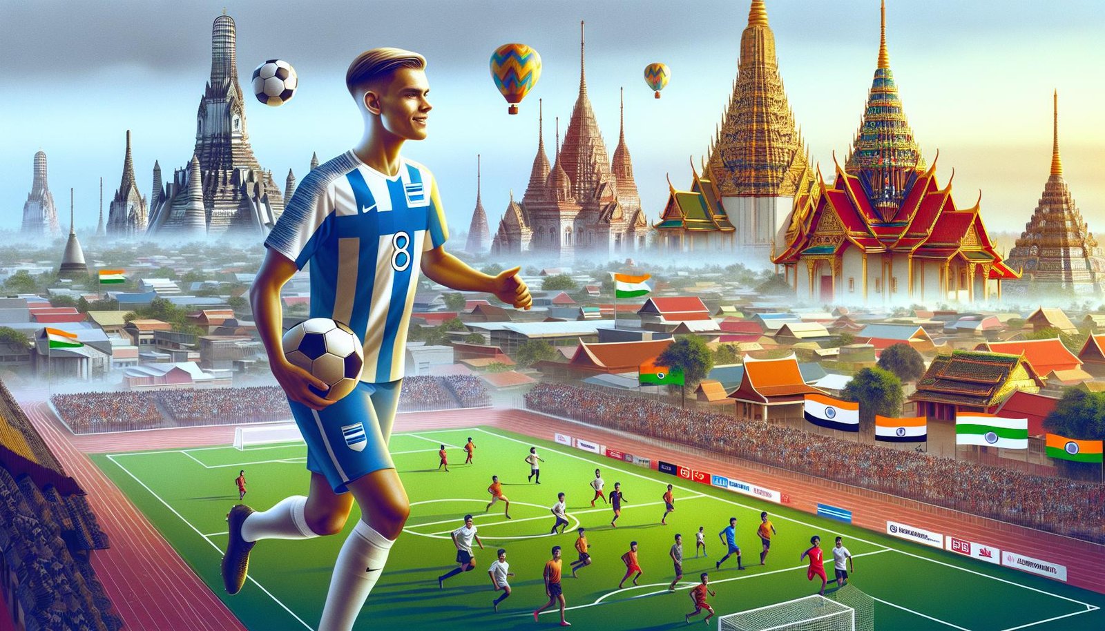 Joni Kauko pelaamassa jalkapalloa Mumbai City FC:n peliasussa, taustalla intialainen stadioni.