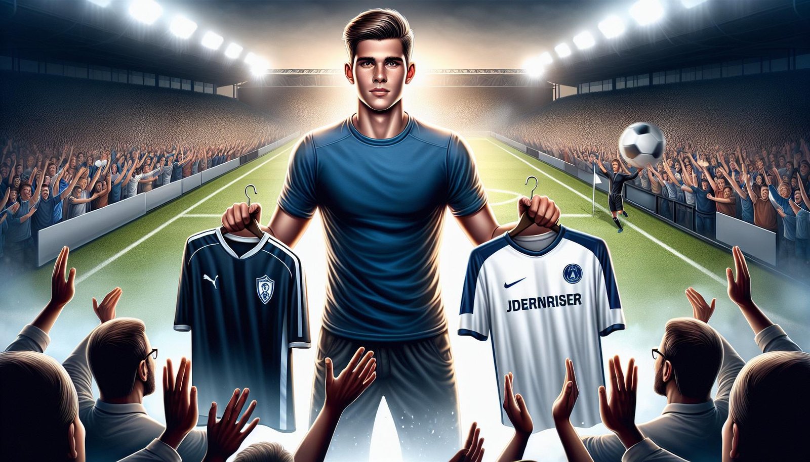 Jalkapalloilija Kevin Nyarko esittelee uutta peliasuaan Helsingborgs IF:n kentällä.