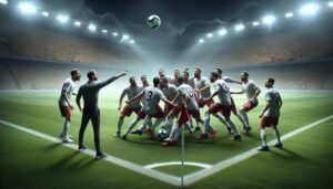 Jalkapallovalmentaja suunnittelemassa erikoistilannekuviota pelaajiaan varten.