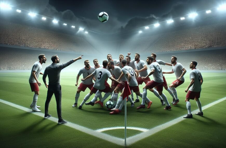 Jalkapallovalmentaja suunnittelemassa erikoistilannekuviota pelaajiaan varten.