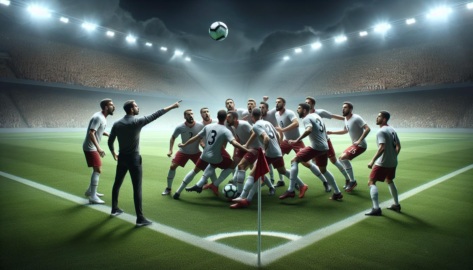 Jalkapallovalmentaja suunnittelemassa erikoistilannekuviota pelaajiaan varten.