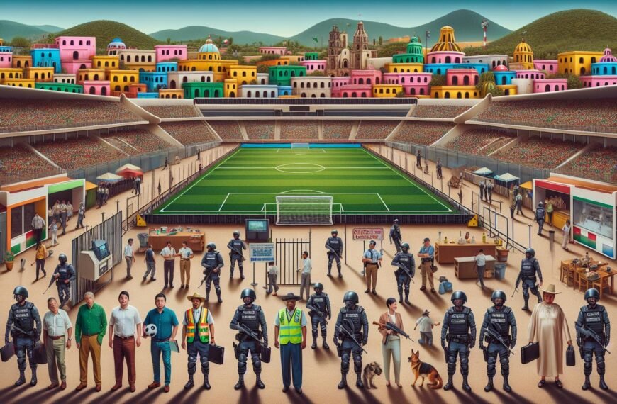 Turvatoimet jalkapallon MM-kisoissa 2026: Sotilaat ja poliisijoukot valmiina Guadalajaran stadionin edustalla Meksikossa, varmistamassa kisojen turvallisuutta.