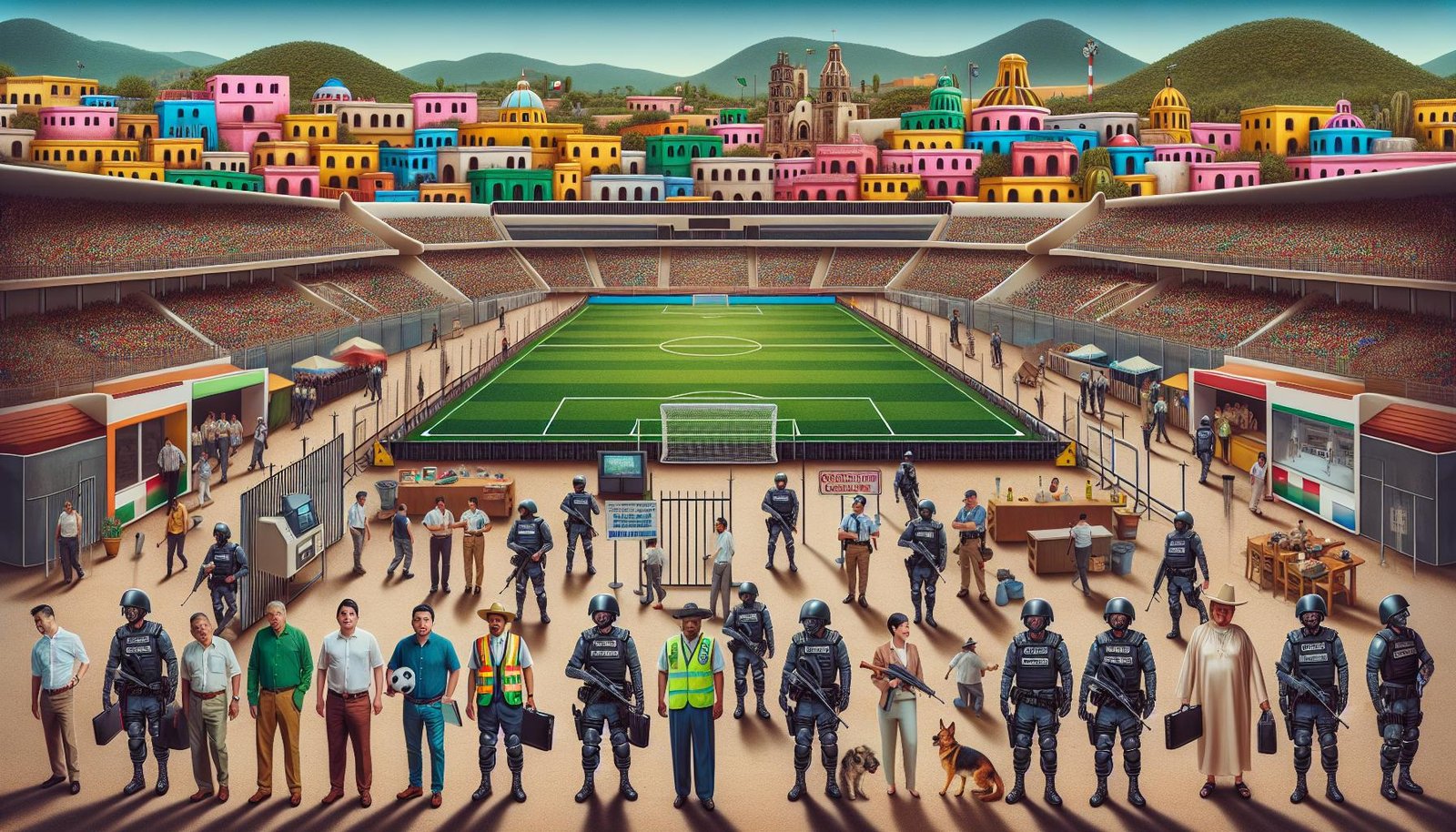 Turvatoimet jalkapallon MM-kisoissa 2026: Sotilaat ja poliisijoukot valmiina Guadalajaran stadionin edustalla Meksikossa, varmistamassa kisojen turvallisuutta.