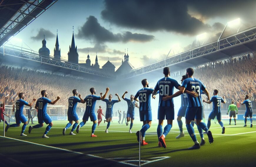 AC Oulun pelaajat juhlimassa maalia Veikkausliigan avausottelussa IF Gnistania vastaan.