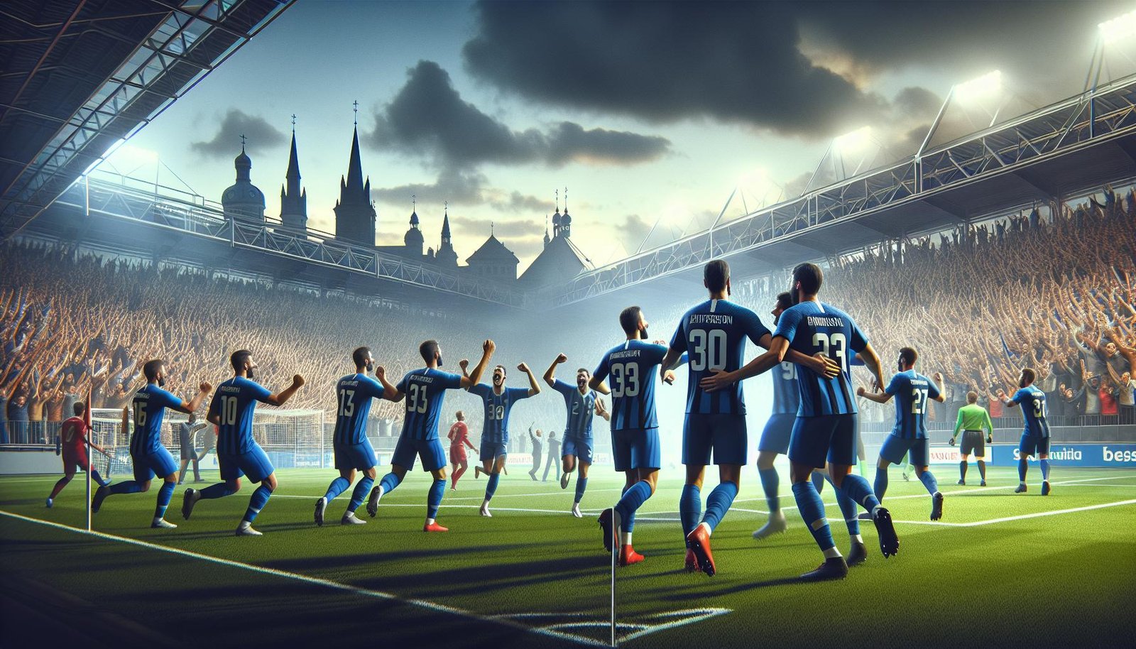 AC Oulun pelaajat juhlimassa maalia Veikkausliigan avausottelussa IF Gnistania vastaan.