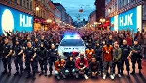 Jalkapallokannattajat juhlimassa katsomossa, kuvastaa fanikulttuurin vaikutusta ja yhteisöllisyyttä jalkapallomaailmassa.