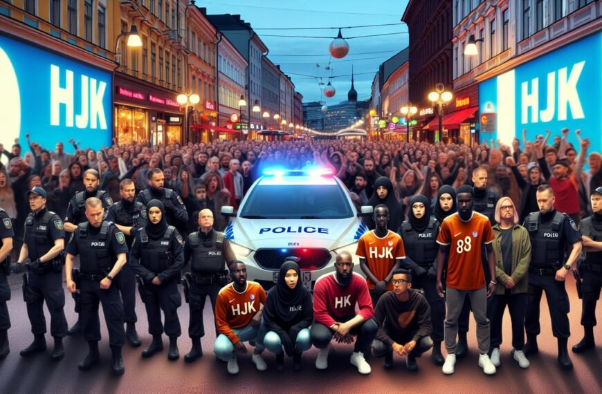 Jalkapallokannattajat juhlimassa katsomossa, kuvastaa fanikulttuurin vaikutusta ja yhteisöllisyyttä jalkapallomaailmassa.