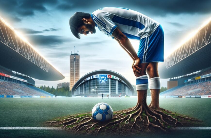 Kasper Paananen poseeraa pettyneenä jalkapallokentällä, taustalla Veikkausliigan logo ja maaleihin liittyvää symboliikkaa.