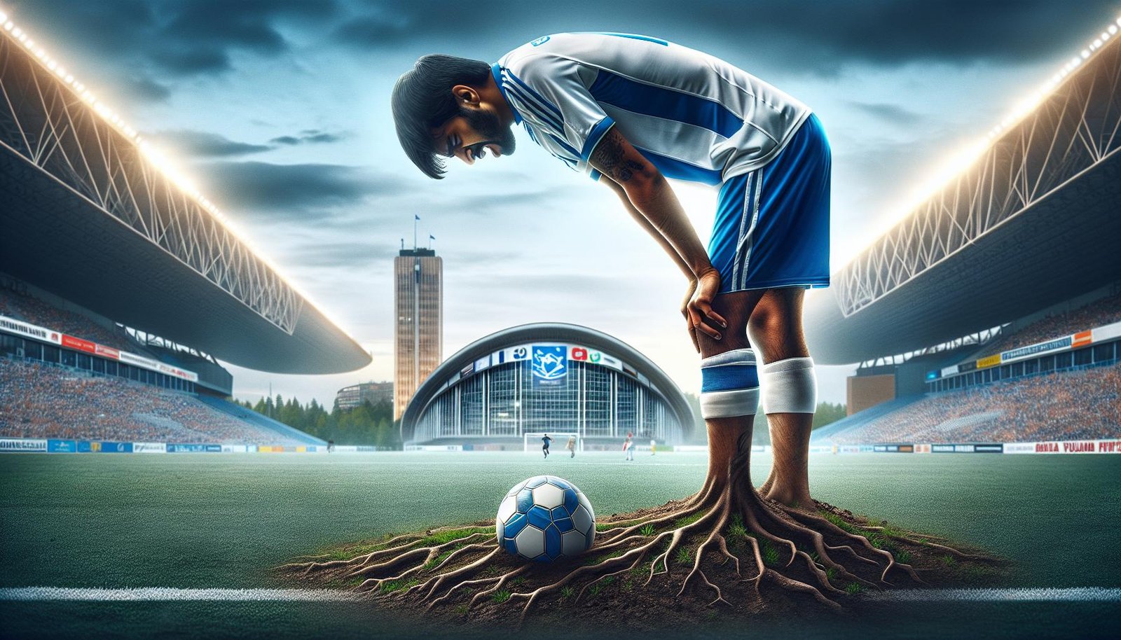 Kasper Paananen poseeraa pettyneenä jalkapallokentällä, taustalla Veikkausliigan logo ja maaleihin liittyvää symboliikkaa.