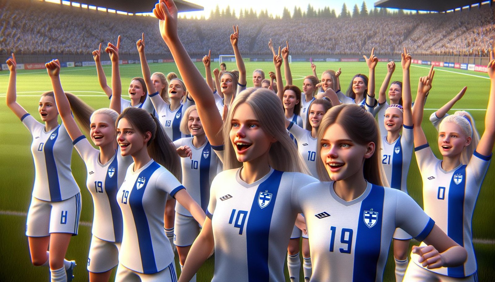 Suomen U19-tyttöjen maajoukkue juhlii voittoa Serbiaa vastaan EM-karsintaottelussa.