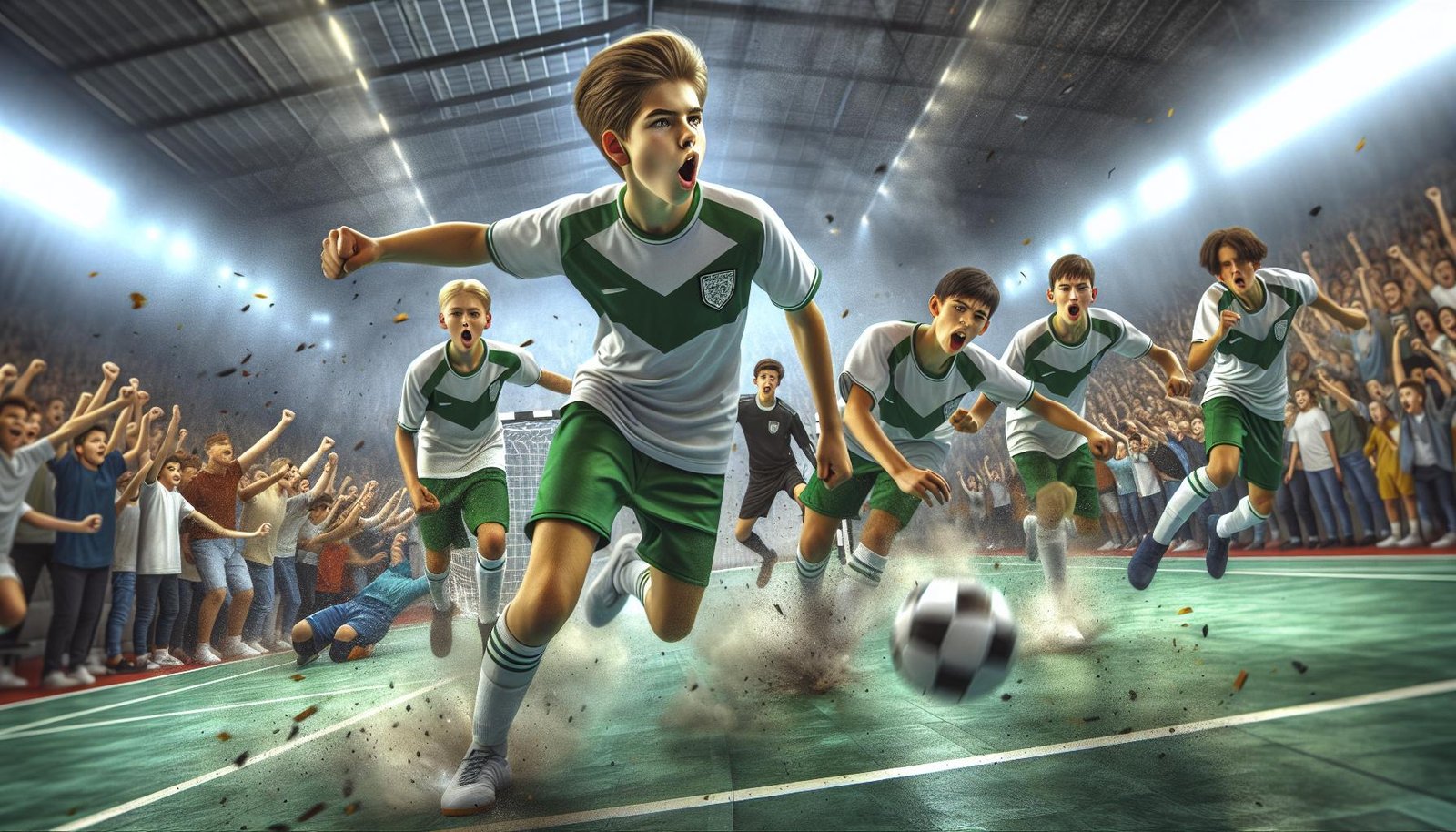 Tervakosken Padon joukkue ja valmentaja juhlistavat P19 Futsal-Liigan mestaruutta finaaliottelun jälkeen, iloinen ja energinen ilmapiiri