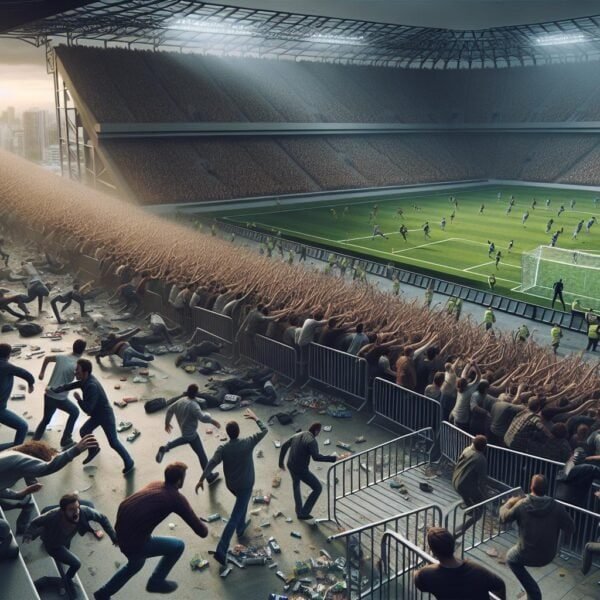 Katsojajoukko reagoi jalkapallo-otteluun stadionilla, jännittävä hetki.