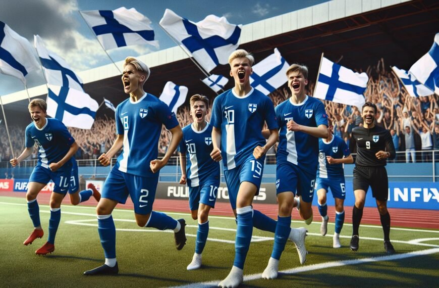 Suomen U16-joukkueen pelaajat juhlivat voittoa Islannista UEFA Development -turnauksessa