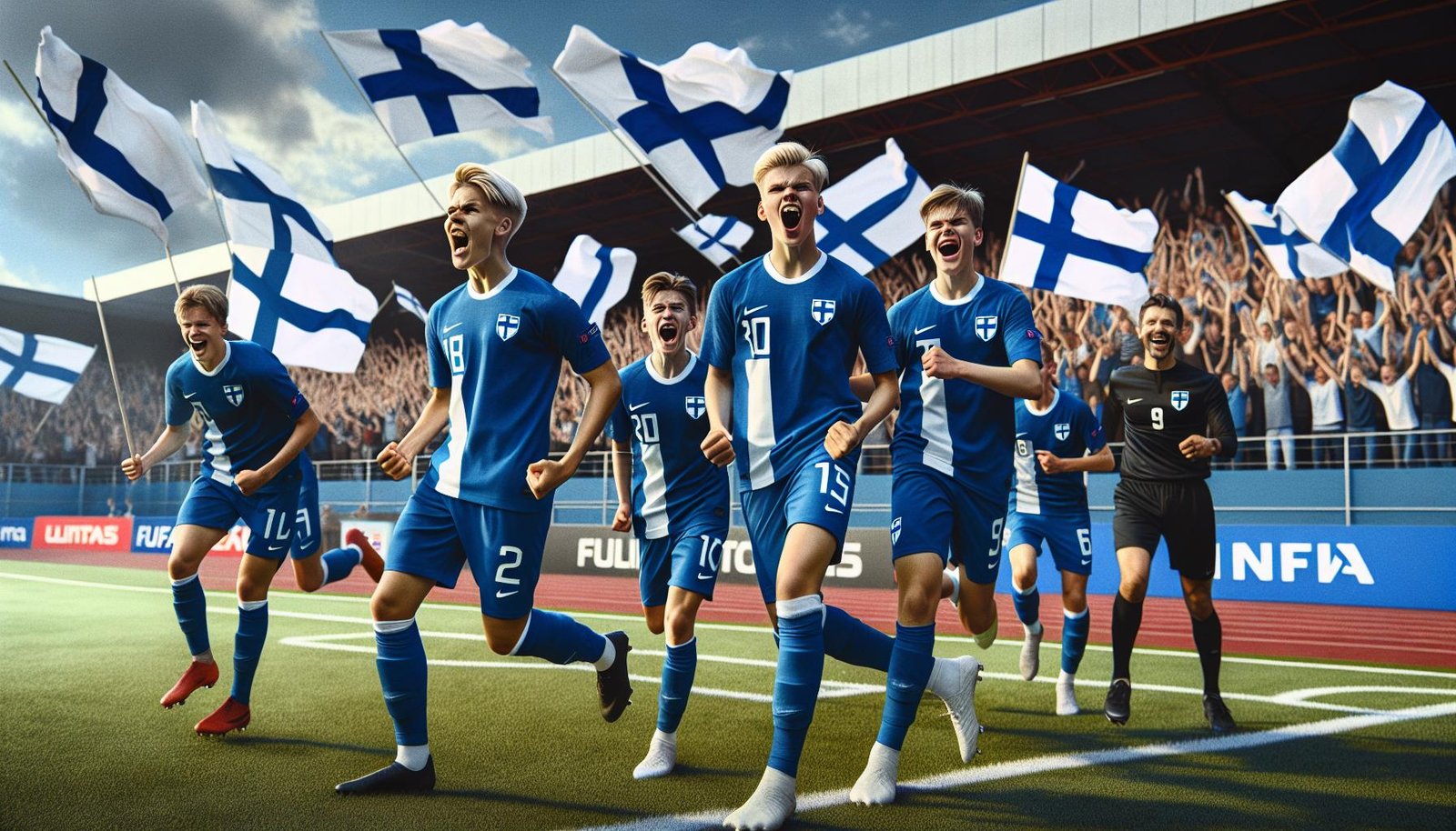 Suomen U16-joukkueen pelaajat juhlivat voittoa Islannista UEFA Development -turnauksessa