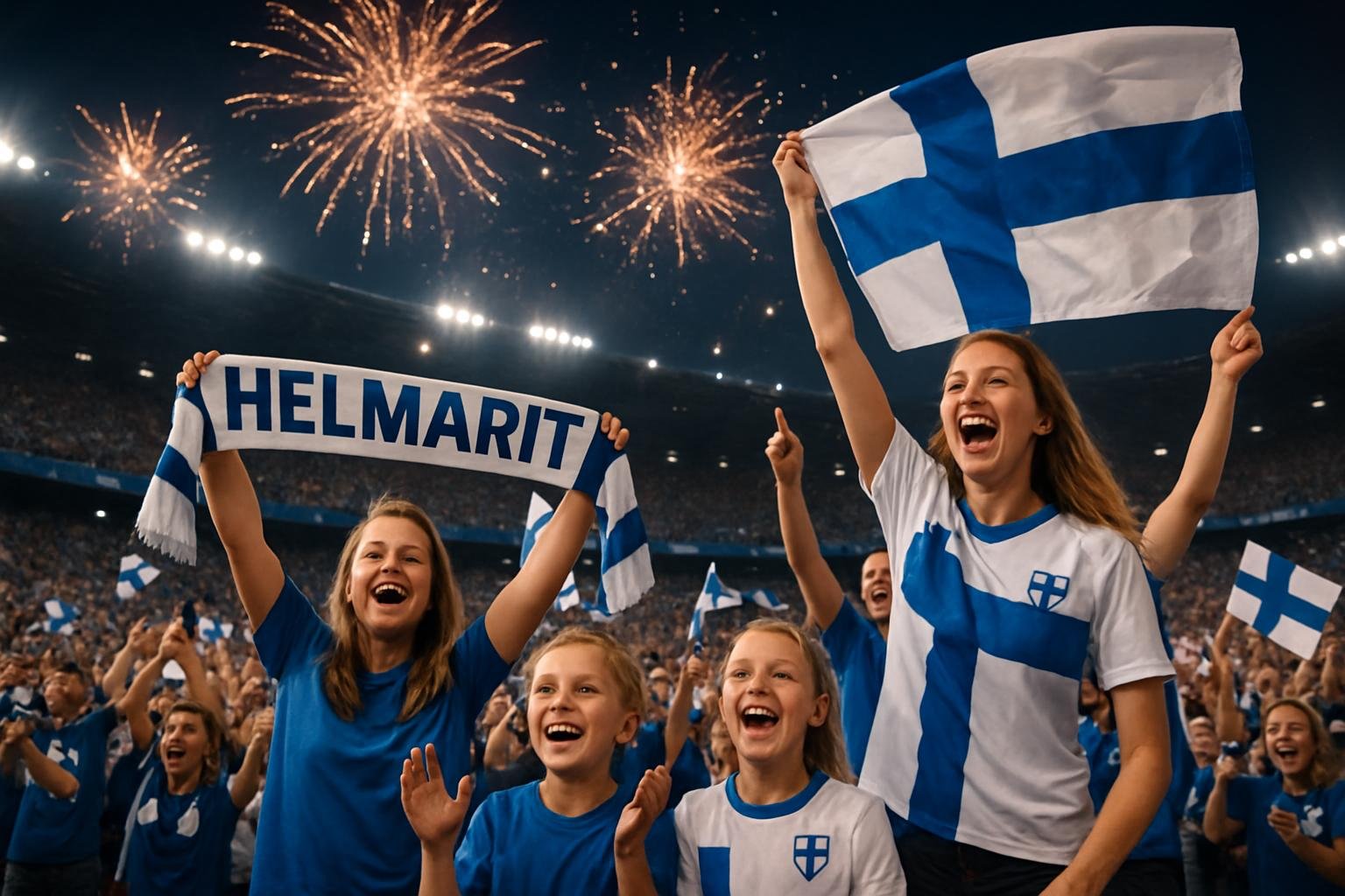 Kuva täyteen pakatusta stadionista, jossa Helmareiden kannattajat juhlivat ottelun voittoa yhdessä pelaajien kanssa.