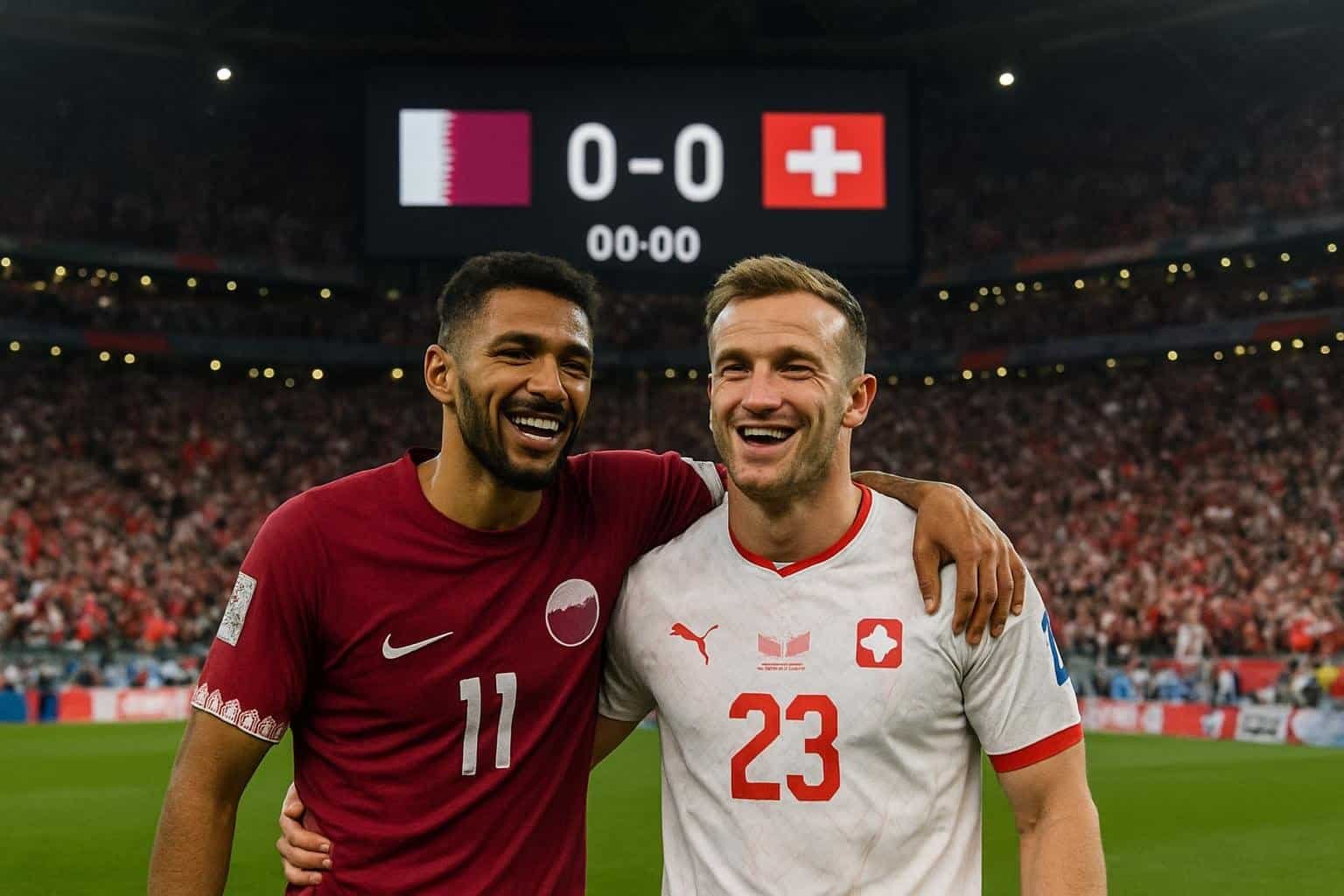 Qatarin jalkapallomaajoukkue saavuttaa historiallisen pisteen FIFA:n jalkapallon MM-kisoissa pelaamalla tasapelin Sveitsiä vastaan.